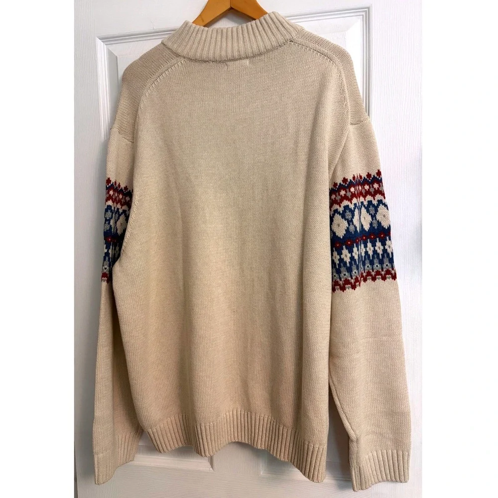 New IZOD XXL Quarter Zip Fair Isle Sweater Cream Blue Red Holiday Cotton Blend